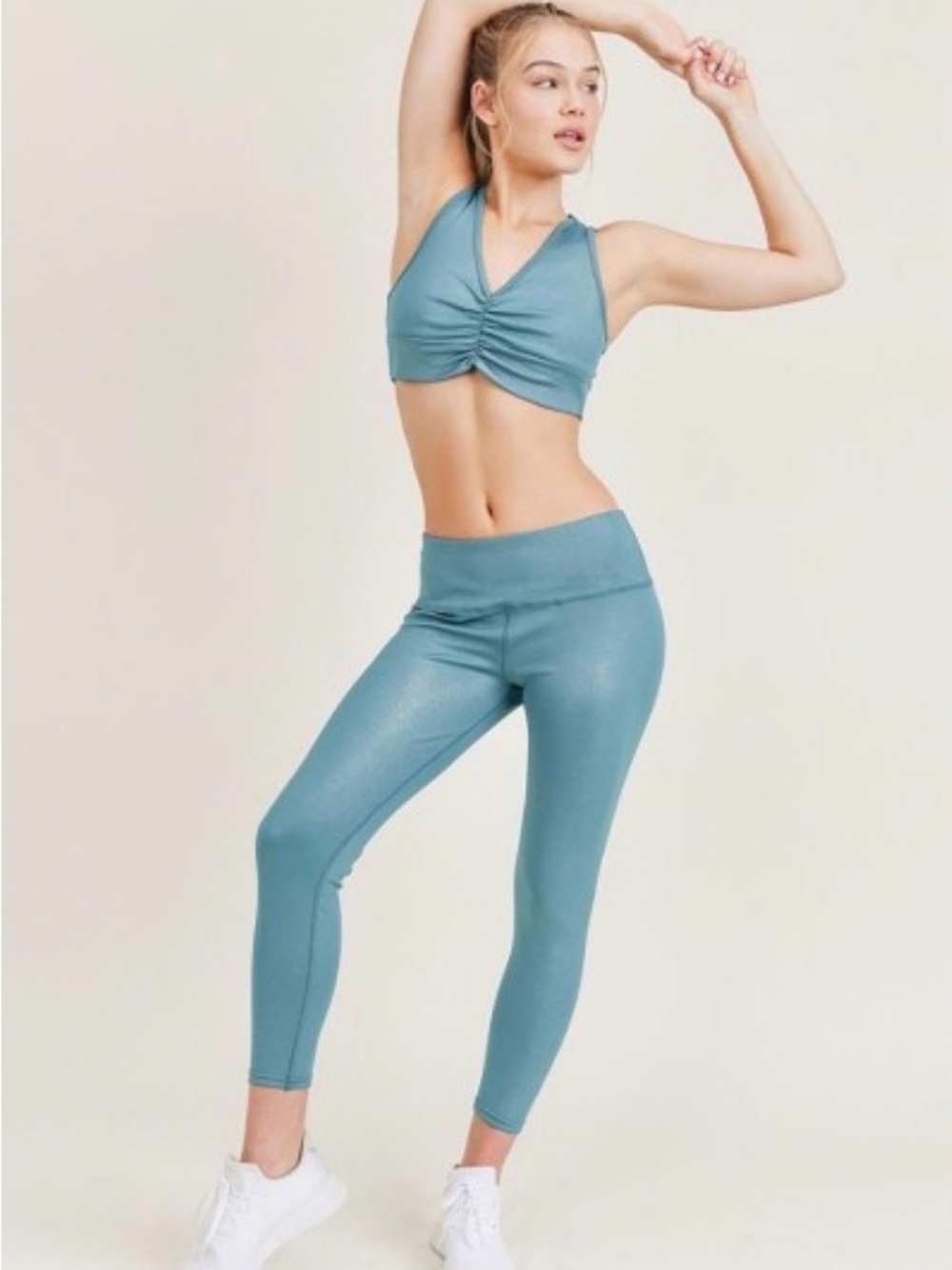 Metallic Blue Activewear Matching Set High-Waist Leggings & Ruched Bra